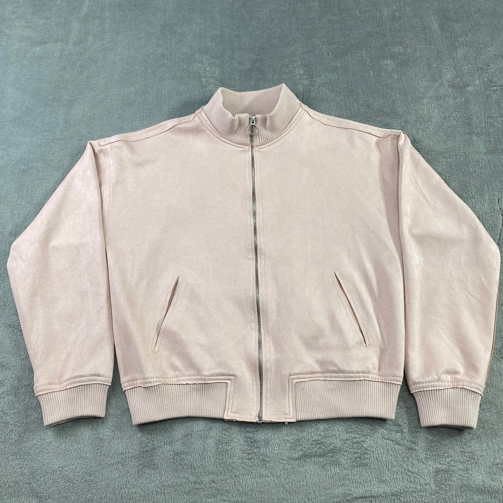 Blashe Bomber Jacket Pink Suede Bomber Jacket Size L Zip Front Ribbed Cuffs Boho